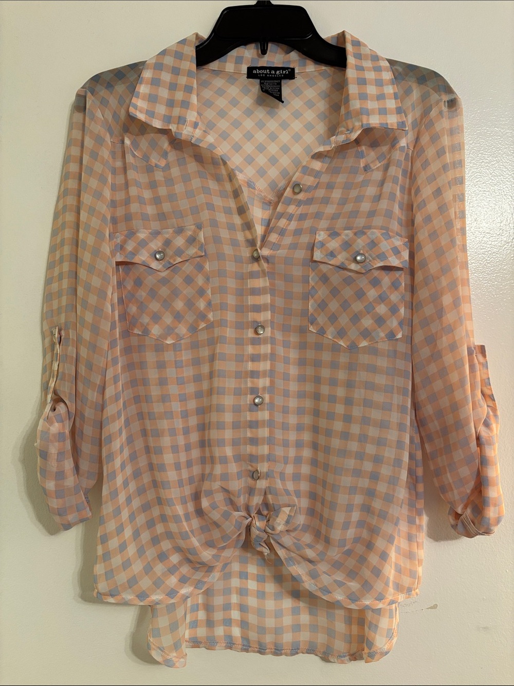 About A Girl Peach & Light Blue Gingham Tie-Front Button Blouse